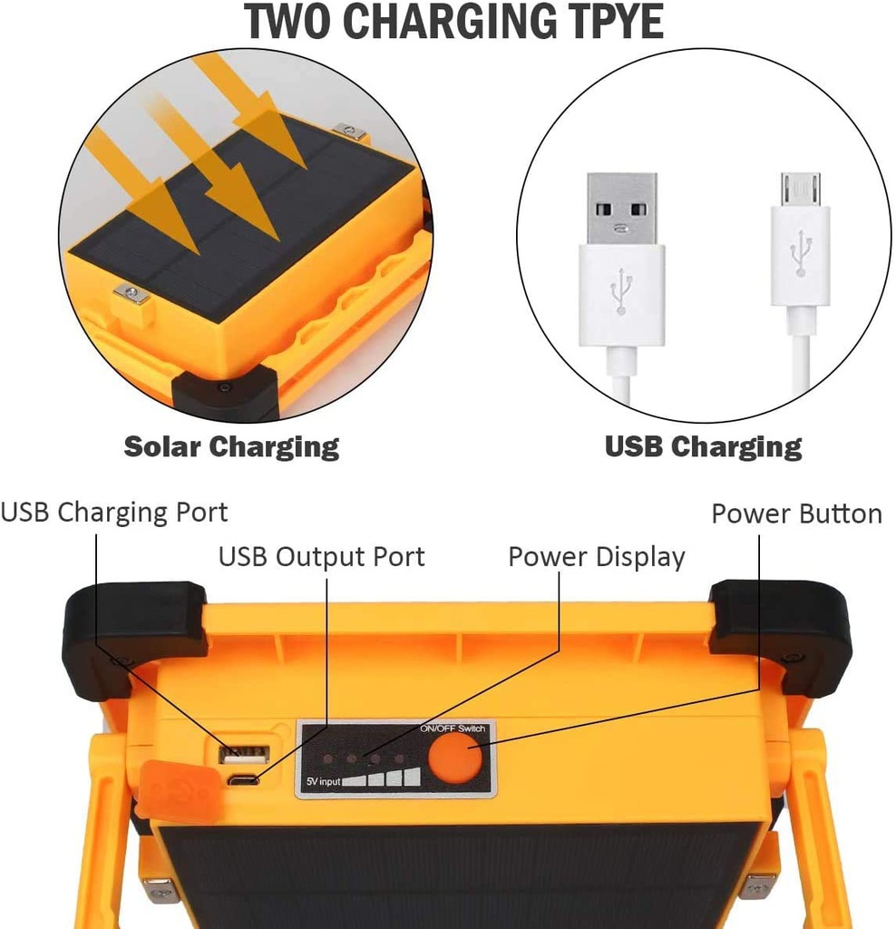 60W Portable Solar USB Rechargeable LED Work Flood Light for Camping, Car Repairing, Hiking, Fishing